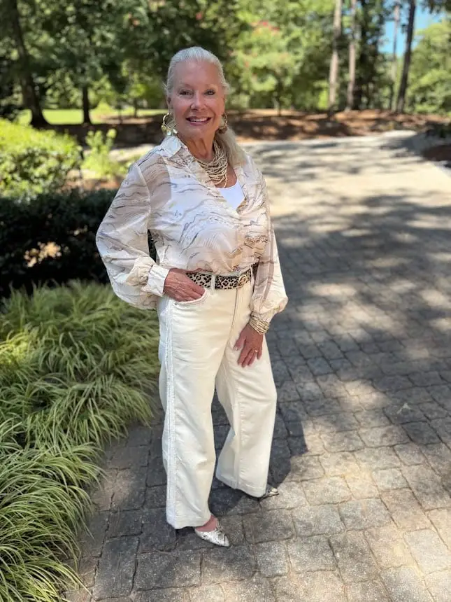 Sheer Printed Blouse with Wide-Leg Trousers — Classy Rodeo Outfits for Women