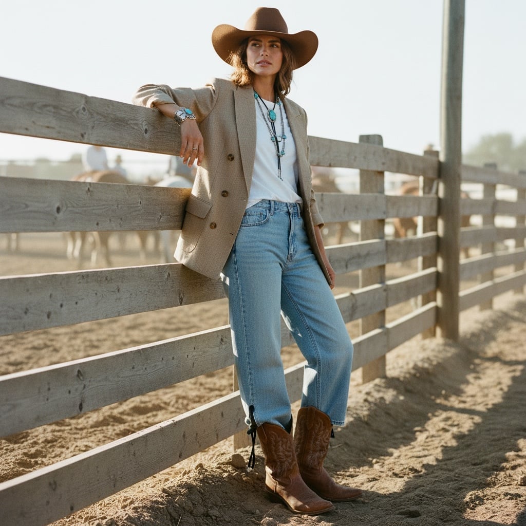 Tan Plaid Blazer Over Jeans and T-Shirt — Classy Rodeo Outfits for Women
