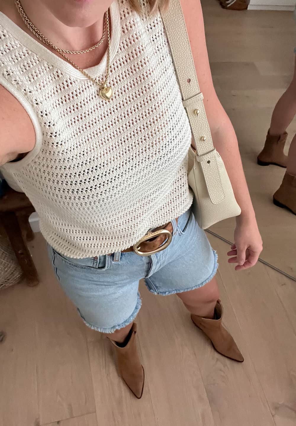Crochet Knit Tank Top with Denim Shorts — Classy Rodeo Outfits for Women