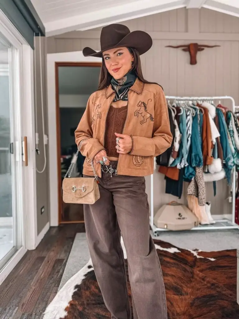 Embroidered Suede Jacket with Wide-Leg Pants — Classy Rodeo Outfits for Women