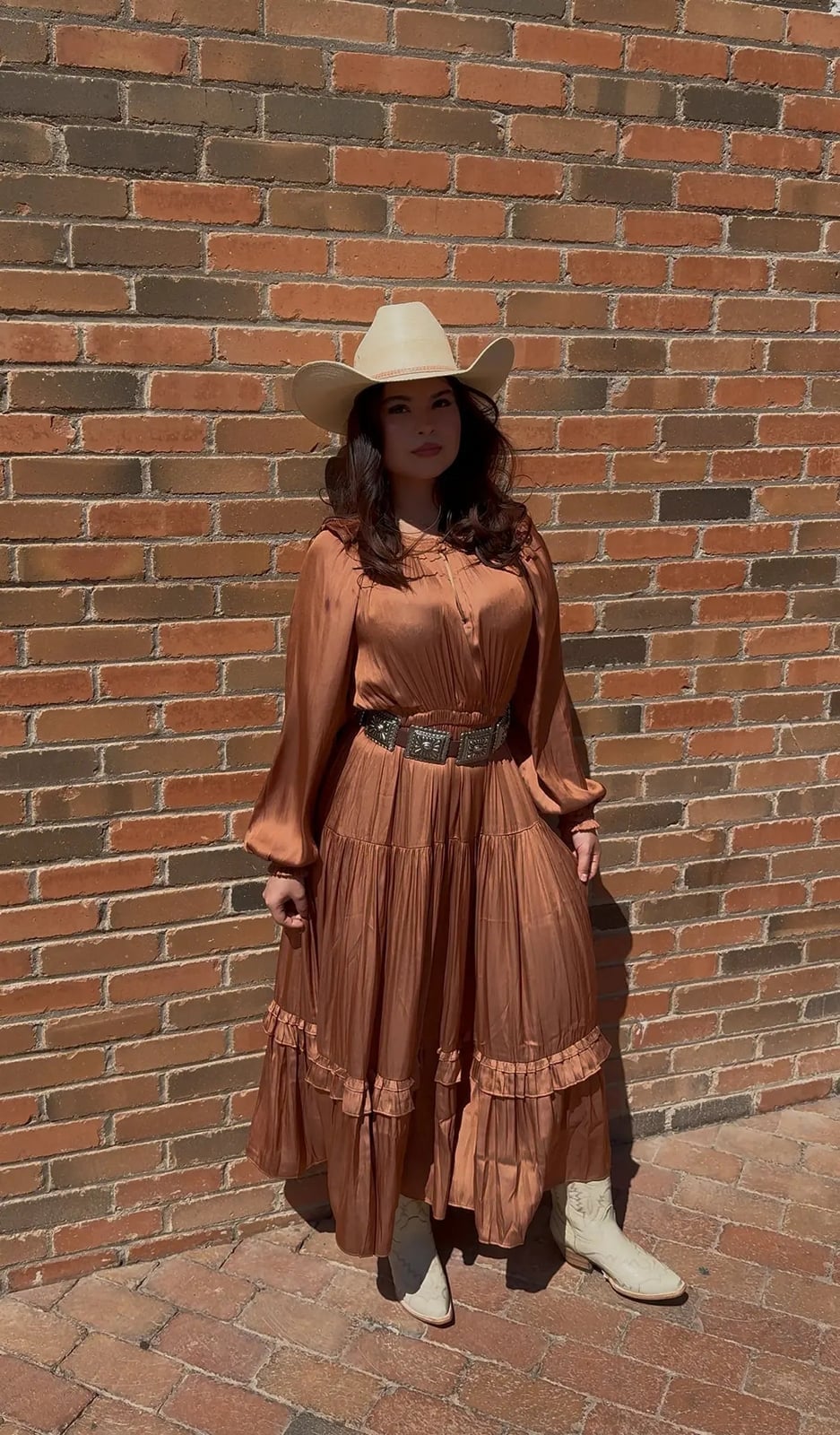 Rust Satin Midi Dress with Tiered Hem — Classy Rodeo Outfits for Women