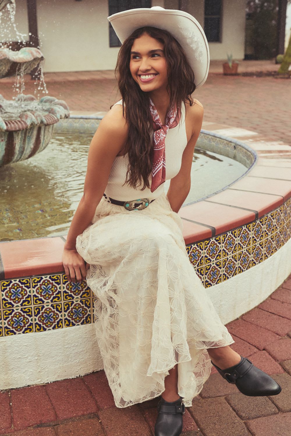 Cream Lace Skirt with White Tank and A Red Patterned Neck Scarf — Classy Rodeo Outfits for Women