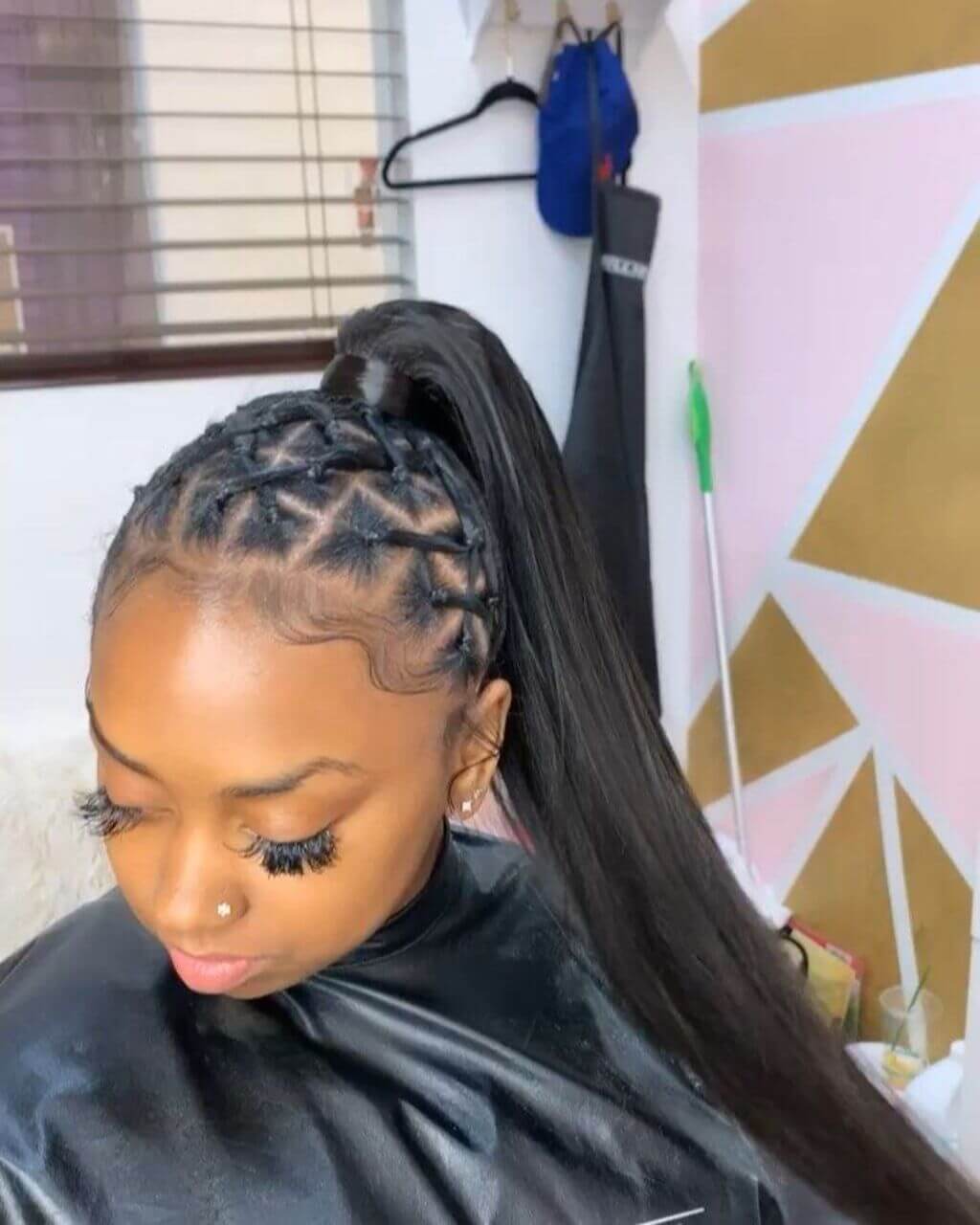 Mid-Back Ponytail With Geometric Braids — Classy Rubber Bands Hairstyles