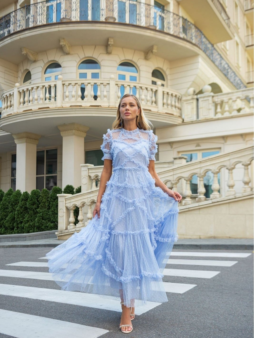 Light Blue Tiered Tulle Midi Dress with Ruffled Skirt Light Blue Tiered Tulle Midi Dress with Ruffled Skirt — Classy Ruffle Dresses