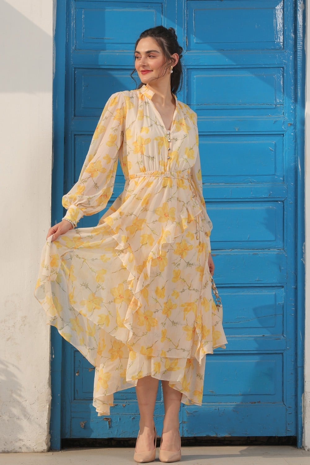 Yellow Floral Print Midi Dress with Ruffled Hem and Neckline Yellow Floral Print Midi Dress with Ruffled Hem and Neckline — Classy Ruffle Dresses
