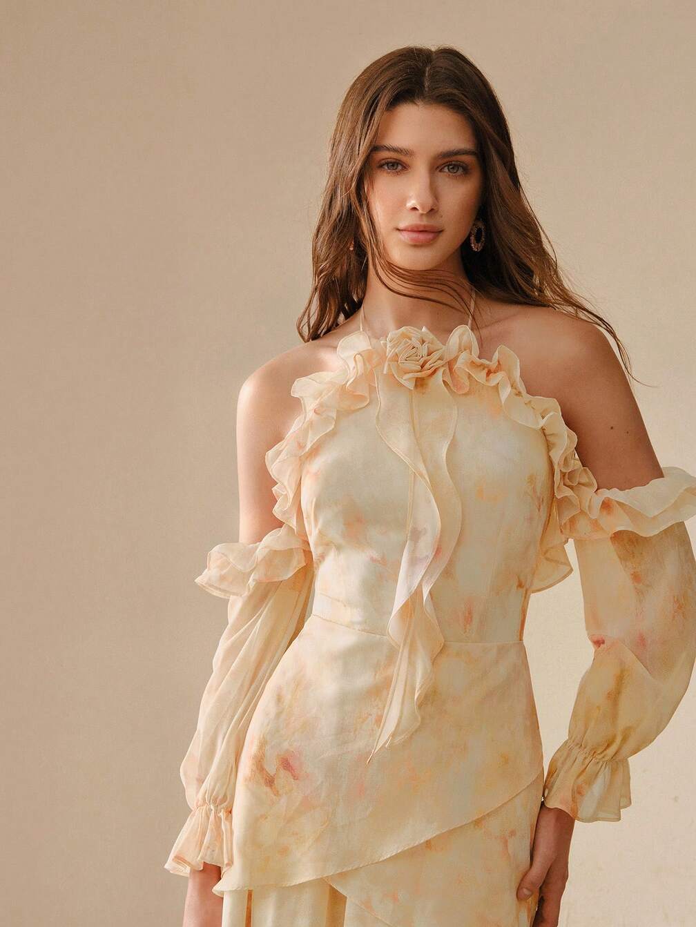 Pale Yellow Chiffon Dress with Off-Shoulder Ruffles and Detachable Pale Yellow Chiffon Dress with Off-Shoulder Ruffles and Detachable — Classy Ruffle Dresses