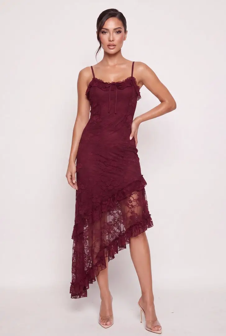 Deep Burgundy Lace Dress with Asymmetrical Ruffled Hem Deep Burgundy Lace Dress with Asymmetrical Ruffled Hem — Classy Ruffle Dresses