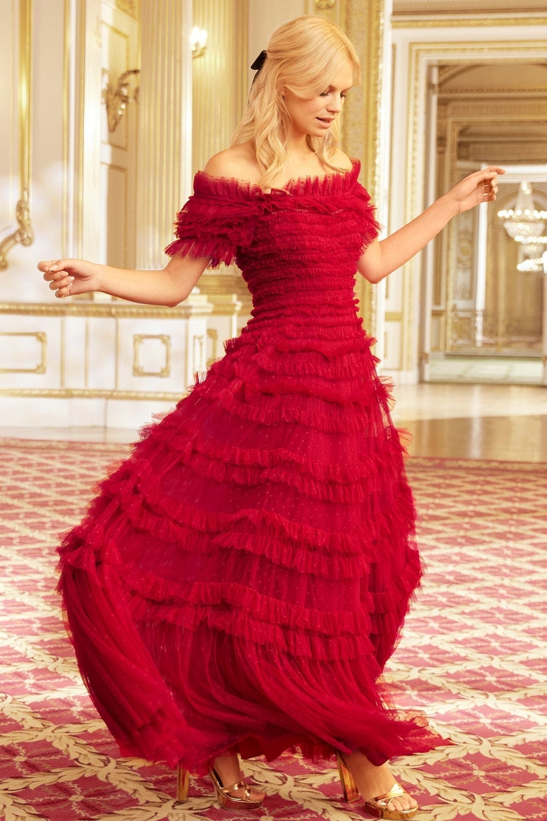 Vibrant Red Off-Shoulder Gown with Tiered Ruffled Skirt Vibrant Red Off-Shoulder Gown with Tiered Ruffled Skirt — Classy Ruffle Dresses