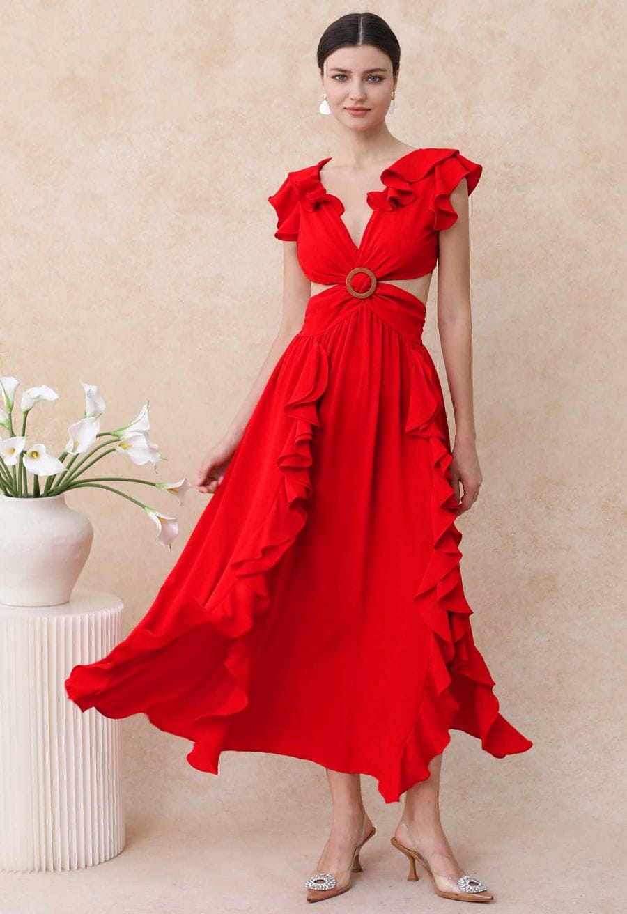 Red Crepe Dress with Cascading Ruffles and Cut-Out Waist Red Crepe Dress with Cascading Ruffles and Cut-Out Waist — Classy Ruffle Dresses