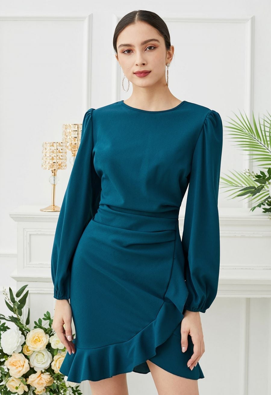 Teal Blue Mini Dress with Tiered Ruffled Skirt and Lace Trim Teal Blue Mini Dress with Tiered Ruffled Skirt and Lace Trim — Classy Ruffle Dresses