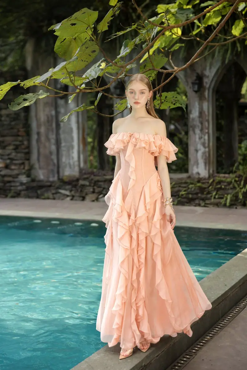 Peach Off-The-Shoulder Silk Dress with Cascading Ruffles Peach Off-The-Shoulder Silk Dress with Cascading Ruffles — Classy Ruffle Dresses