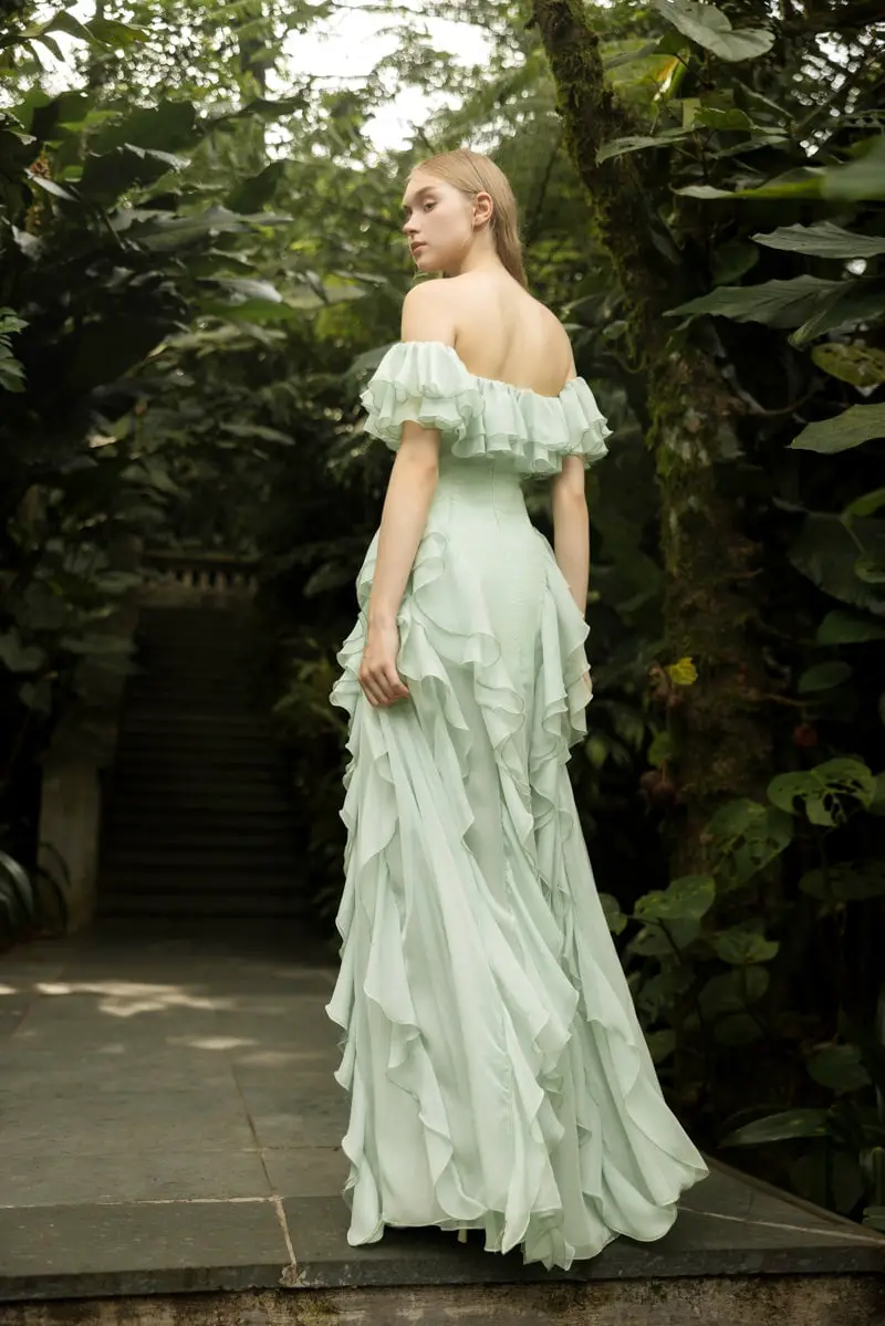 Mint Green Chiffon Dress with Off-Shoulder Ruffles Mint Green Chiffon Dress with Off-Shoulder Ruffles — Classy Ruffle Dresses