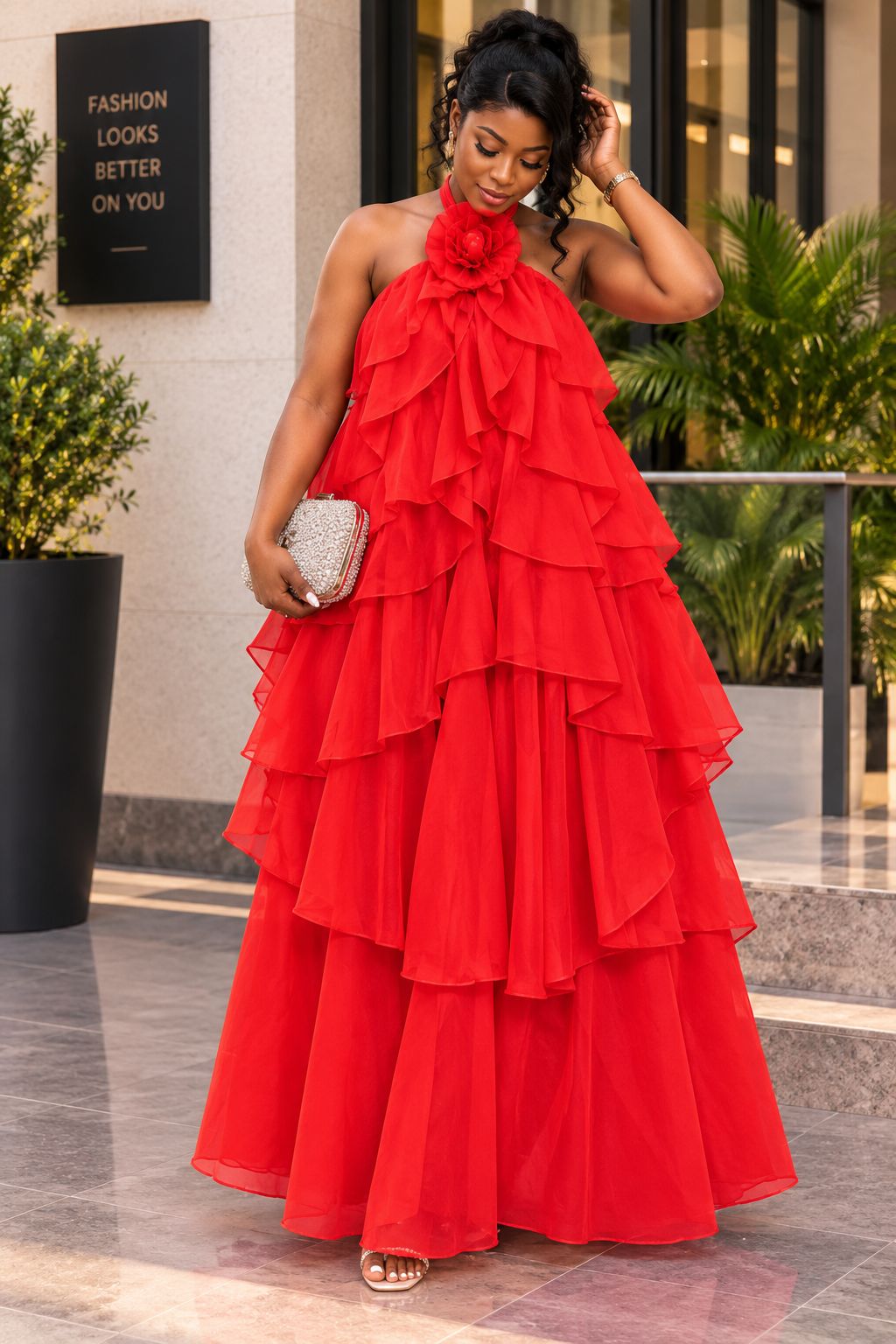 Red Halter Neck Maxi Dress with Tiered Ruffles Red Halter Neck Maxi Dress with Tiered Ruffles — Classy Ruffle Dresses