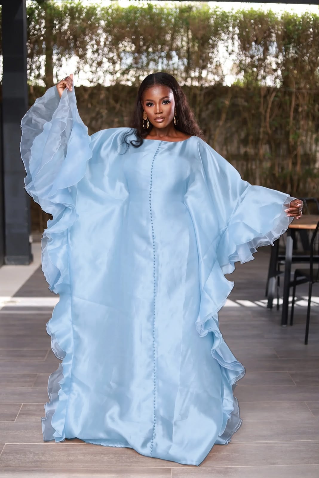 Light Blue Organza Kaftan Dress with Voluminous, Office-Safe Version Light Blue Organza Kaftan Dress with Voluminous, Office-Safe Version — Classy Ruffle Dresses
