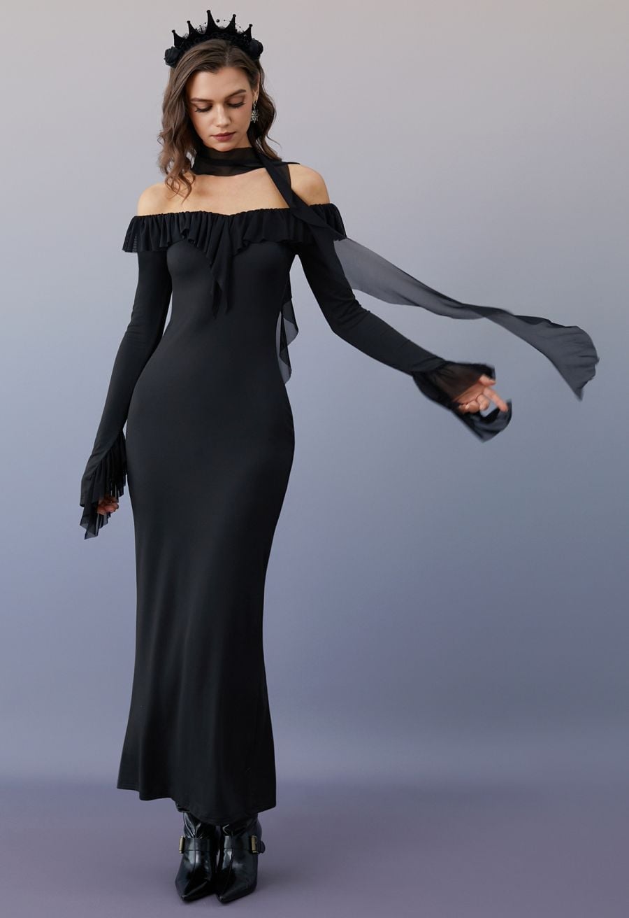 Black Off-Shoulder Maxi Dress with Bell Sleeves and Scarf Black Off-Shoulder Maxi Dress with Bell Sleeves and Scarf — Classy Ruffle Dresses