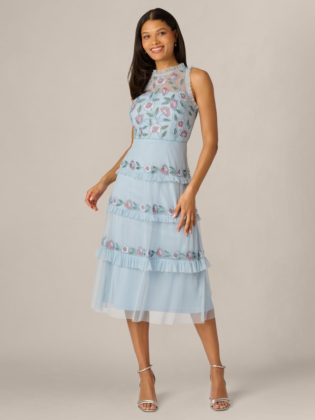 Light Blue Midi Dress with Ruffled Neckline and Tiered, Close-Up Take Light Blue Midi Dress with Ruffled Neckline and Tiered, Close-Up Take — Classy Ruffle Dresses