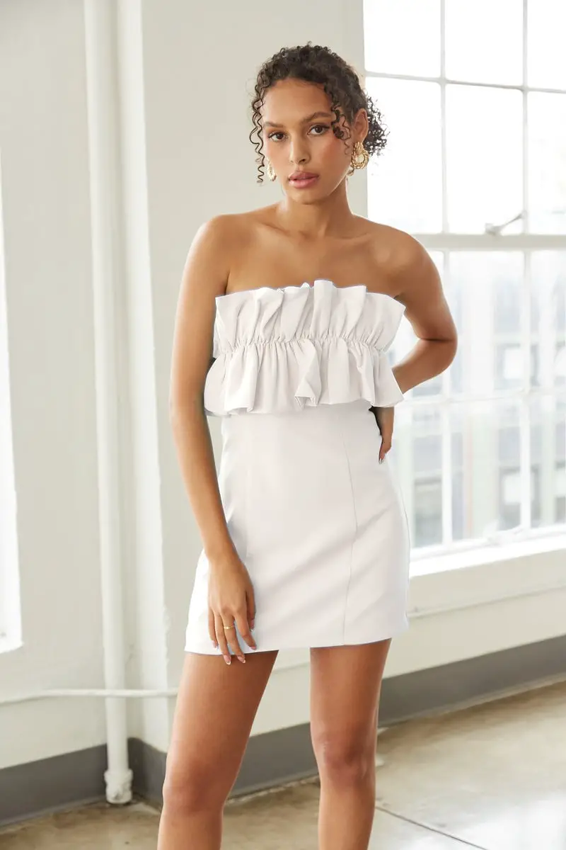 White Strapless Bodycon Mini Dress with Ruffle Trim White Strapless Bodycon Mini Dress with Ruffle Trim — Classy Ruffle Dresses