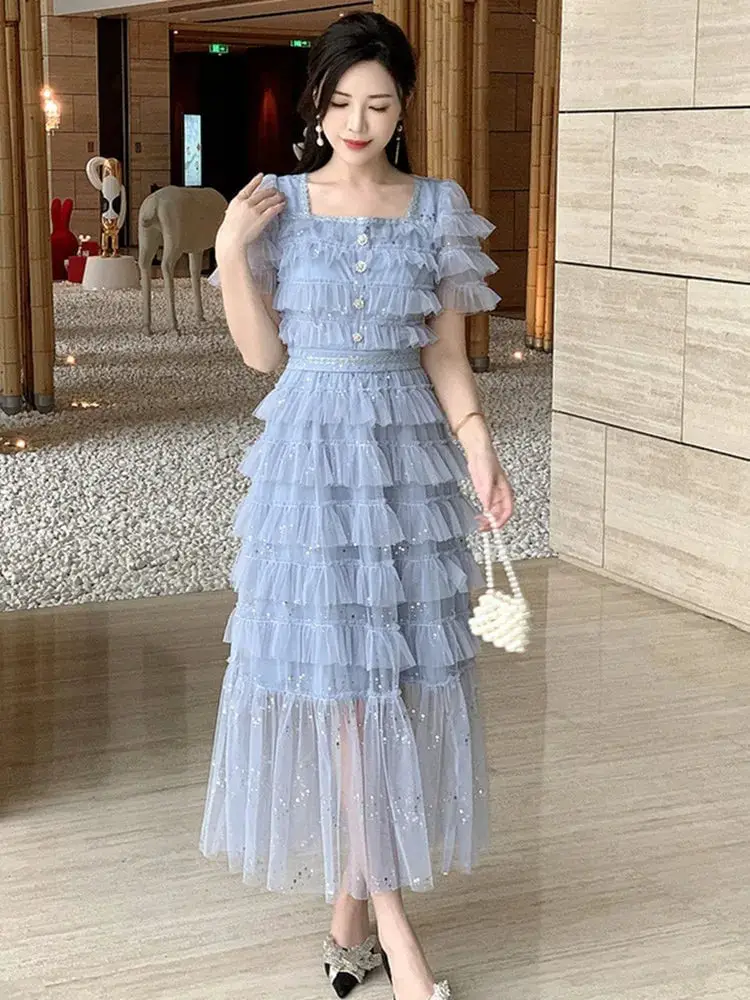 Light Blue Tiered Tulle Midi Dress with Glitter, Everyday Version Light Blue Tiered Tulle Midi Dress with Glitter, Everyday Version — Classy Ruffle Dresses