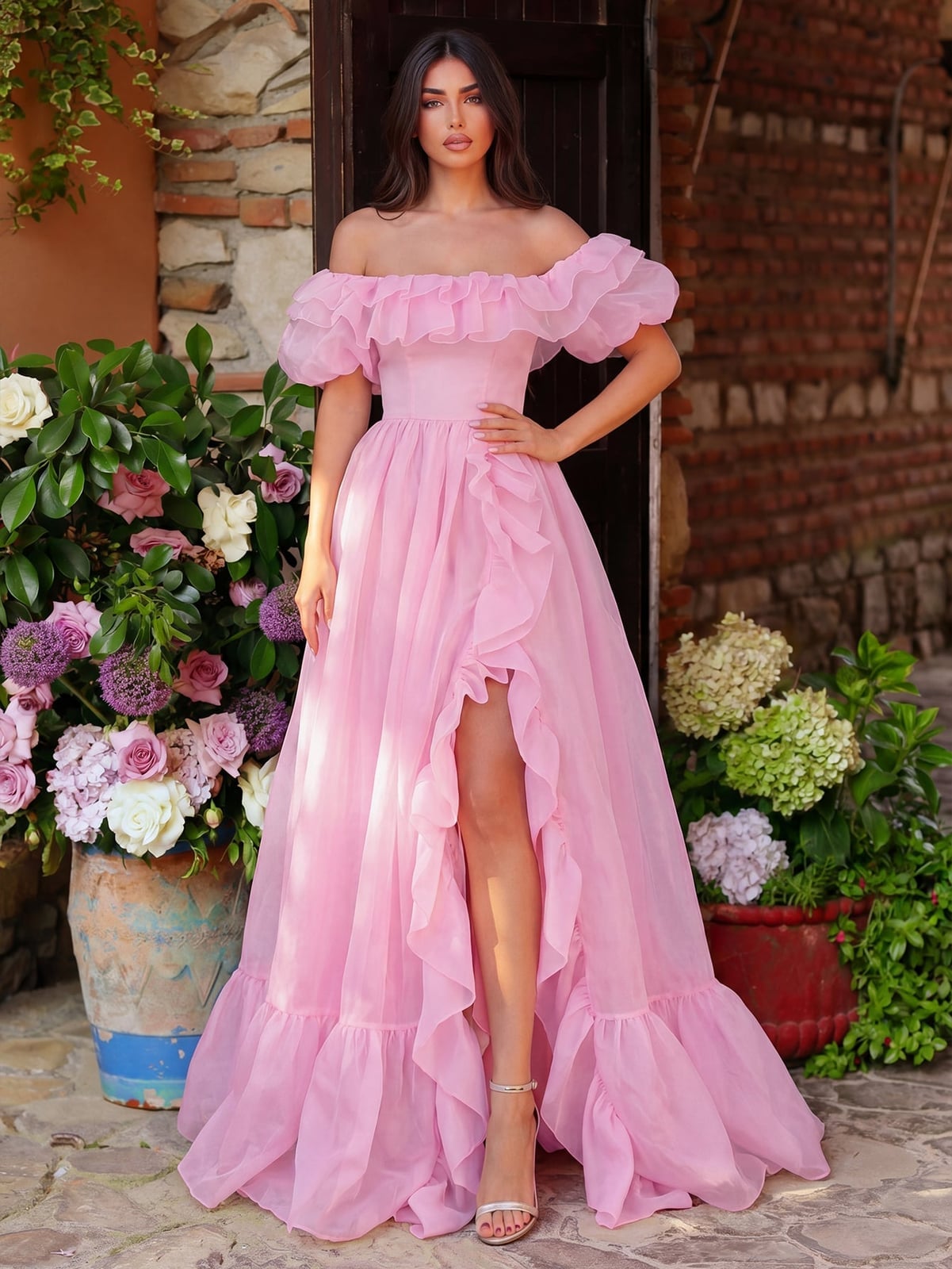 Pale Pink Organza Dress with Voluminous Ruffled Sleeves and Skirt Pale Pink Organza Dress with Voluminous Ruffled Sleeves and Skirt — Classy Ruffle Dresses