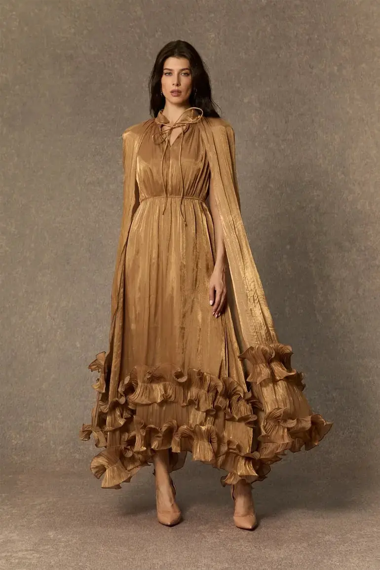 Gold Midi Dress with Ruffled Tiers and Cape-Effect Overlay Gold Midi Dress with Ruffled Tiers and Cape-Effect Overlay — Classy Ruffle Dresses