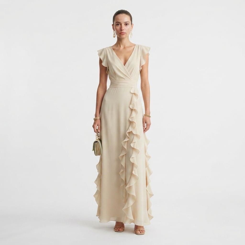 Cream Wrap Maxi Dress with Cascading Ruffles and Flutter Sleeves Cream Wrap Maxi Dress with Cascading Ruffles and Flutter Sleeves — Classy Ruffle Dresses
