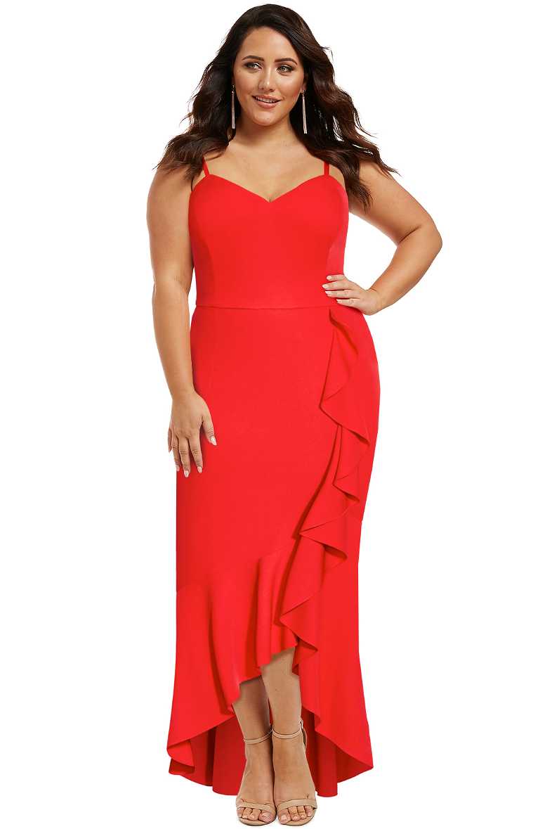 Vibrant Red Bodycon Dress with Side Ruffle and High-Low Hem Vibrant Red Bodycon Dress with Side Ruffle and High-Low Hem — Classy Ruffle Dresses