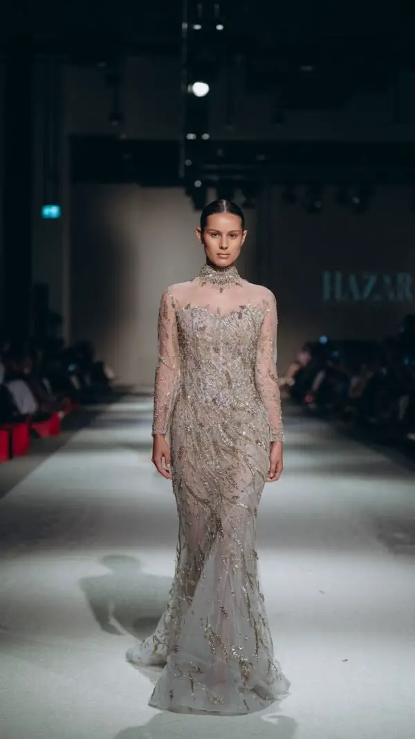 Beige Embroidered Long-Sleeve Gown — Classy Runway Dresses