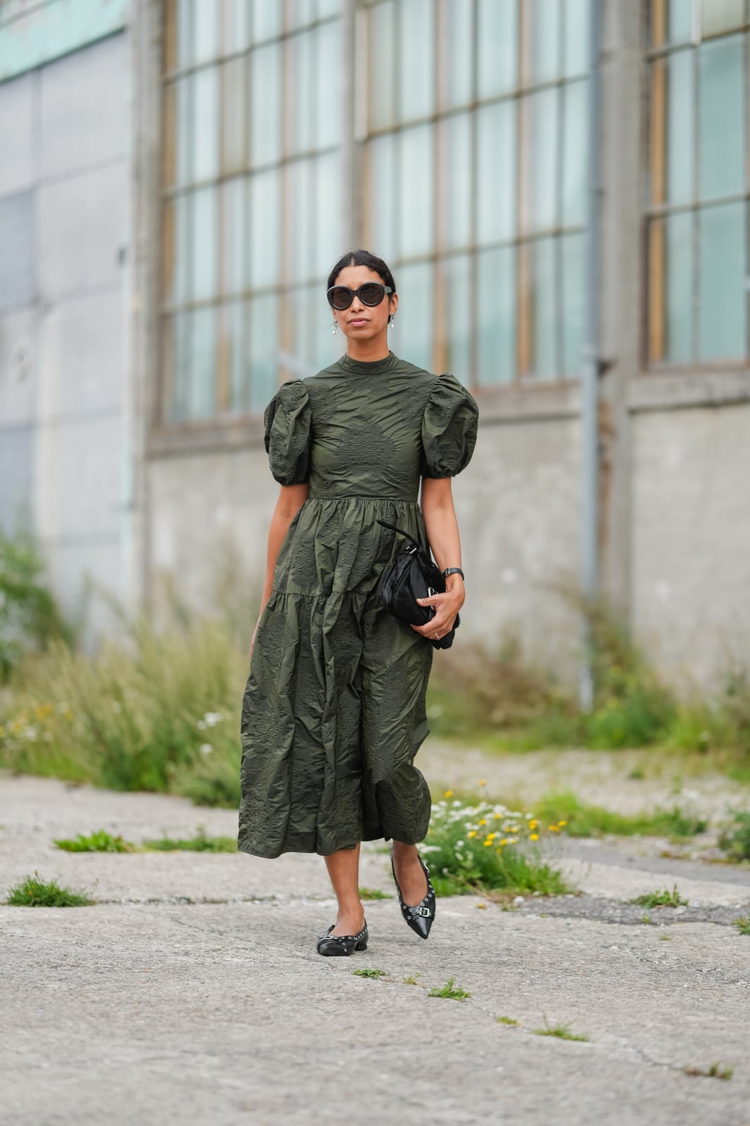 Olive Green Textured Midi Dress with Puff Sleeves — Classy Runway Dresses