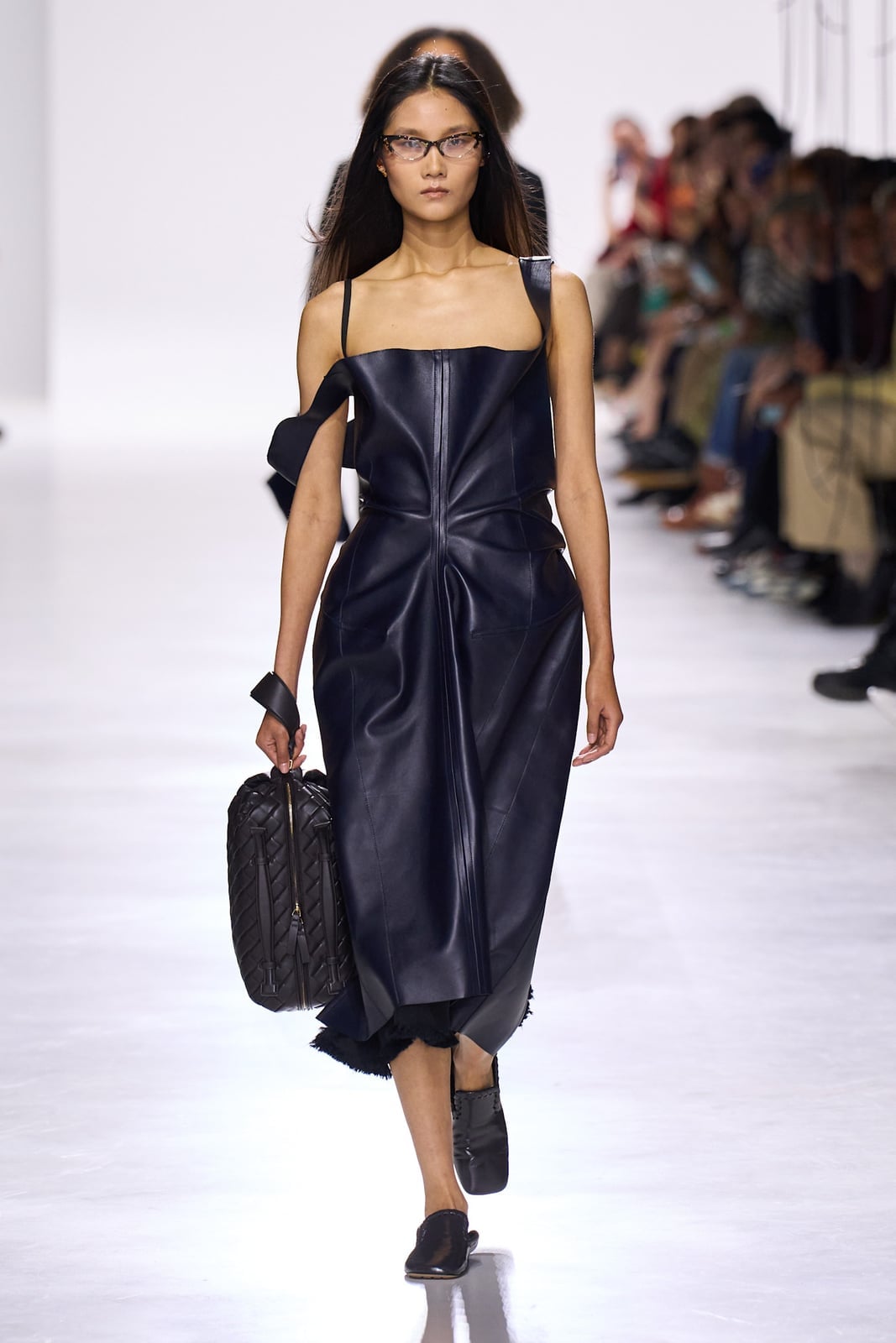 Navy Faux Leather Architectural Dress With Black Low Heel Shoes — Classy Runway Dresses