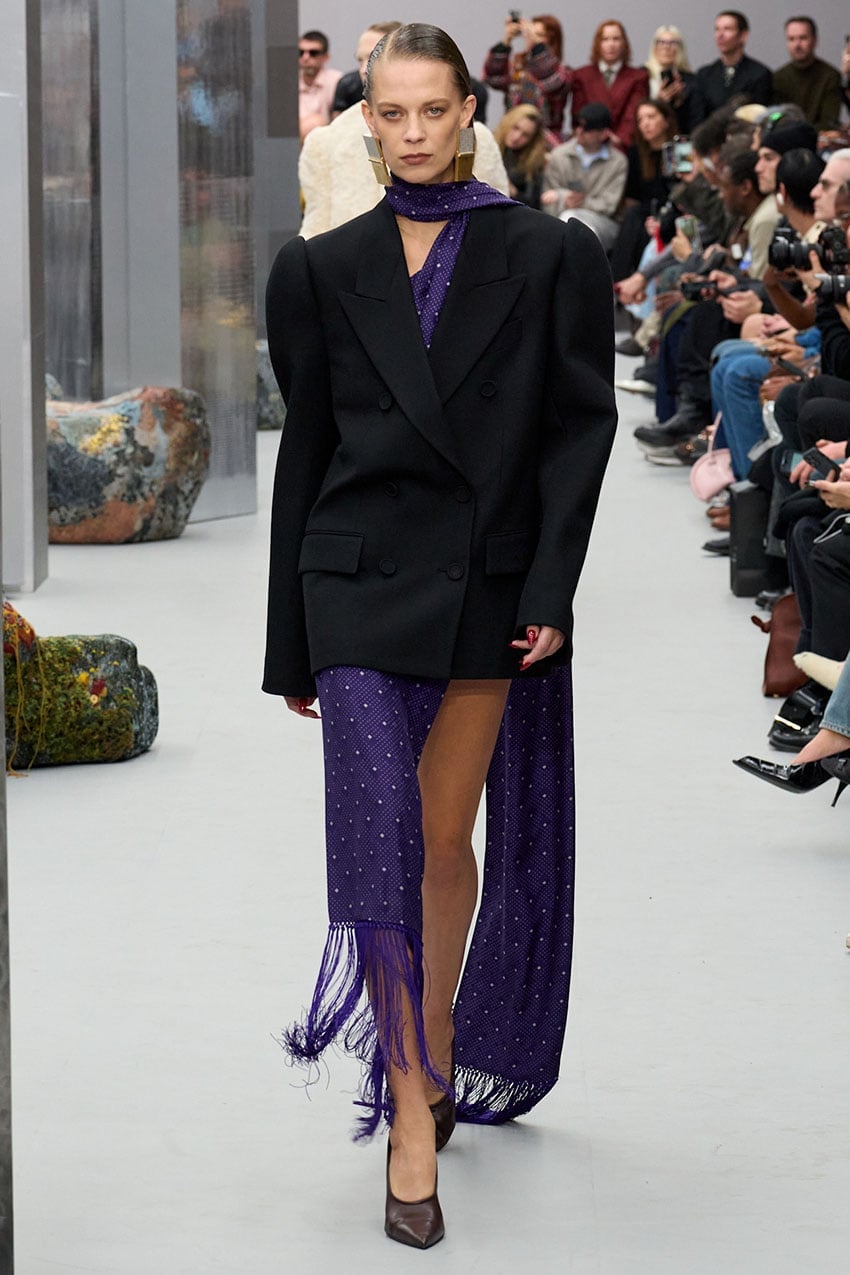 Purple Printed Dress with Oversized Blazer and Pointed-Toe Heels — Classy Runway Dresses