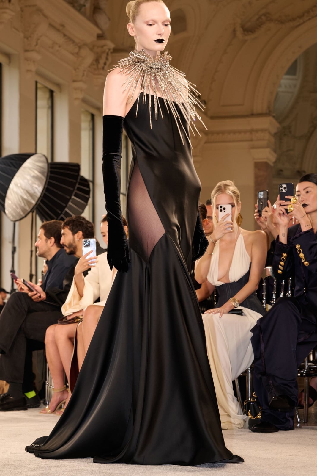 Black Strapless Gown with Sheer Panel and Train — Classy Runway Dresses