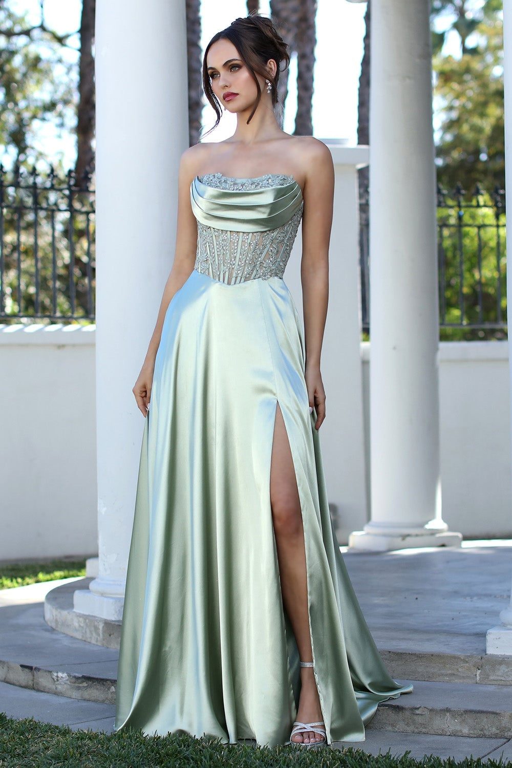 Pale Green Satin Gown with Beaded Bodice — Classy Runway Dresses