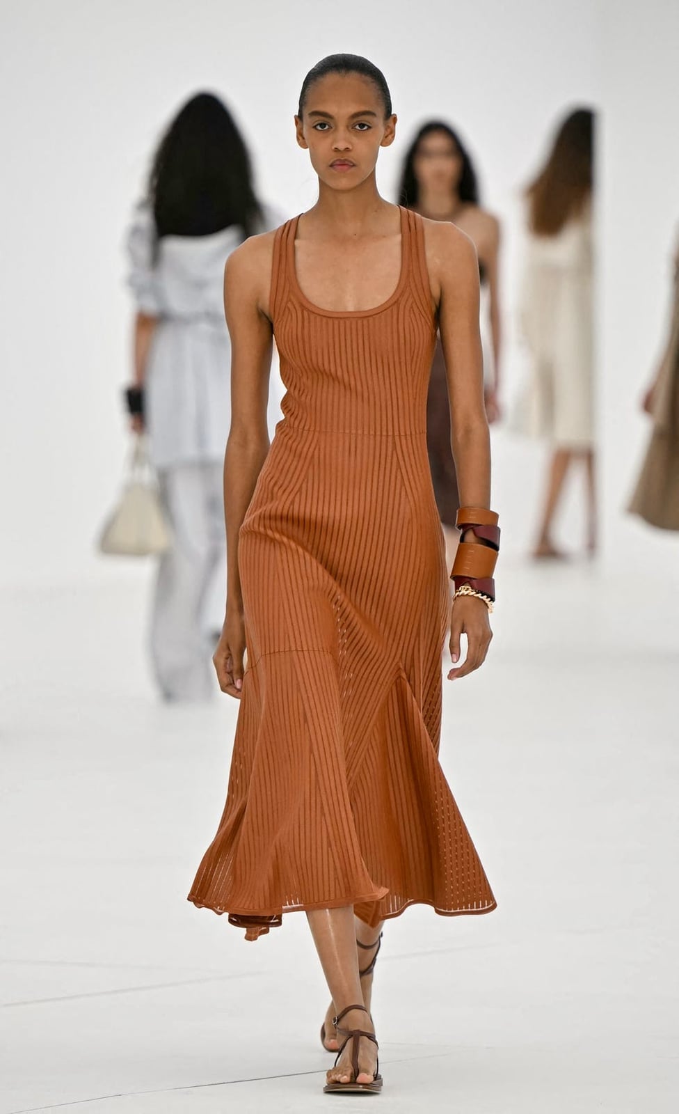 Burnt Orange Ribbed Knit Fit-and-Flare Dress — Classy Runway Dresses