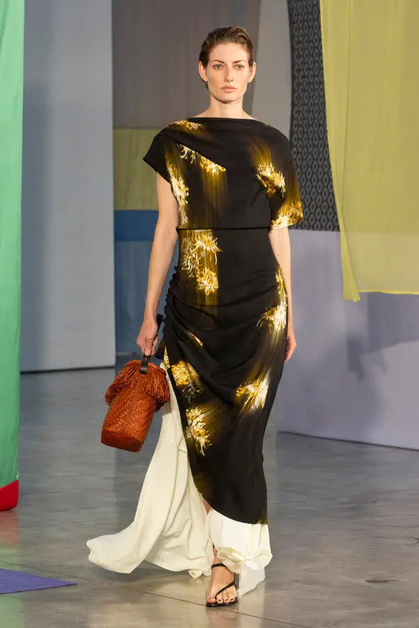 Black Silk Asymmetrical Dress with Yellow Print — Classy Runway Dresses