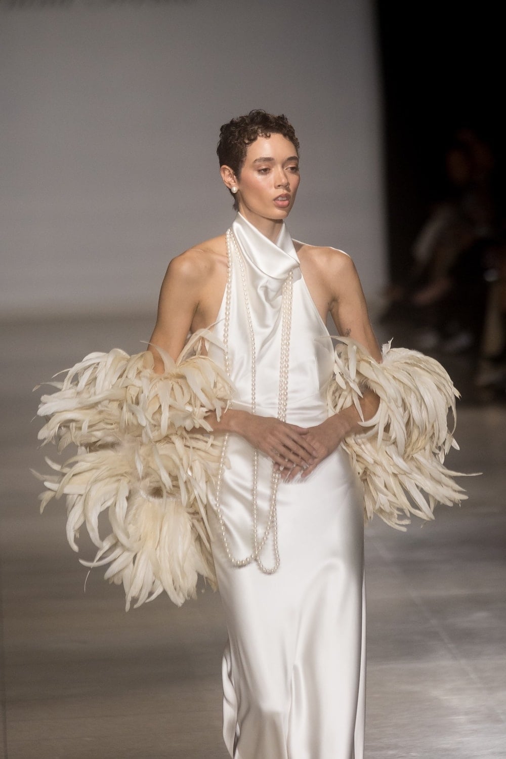 Ivory Satin Column Gown with Feather Boa — Classy Runway Dresses