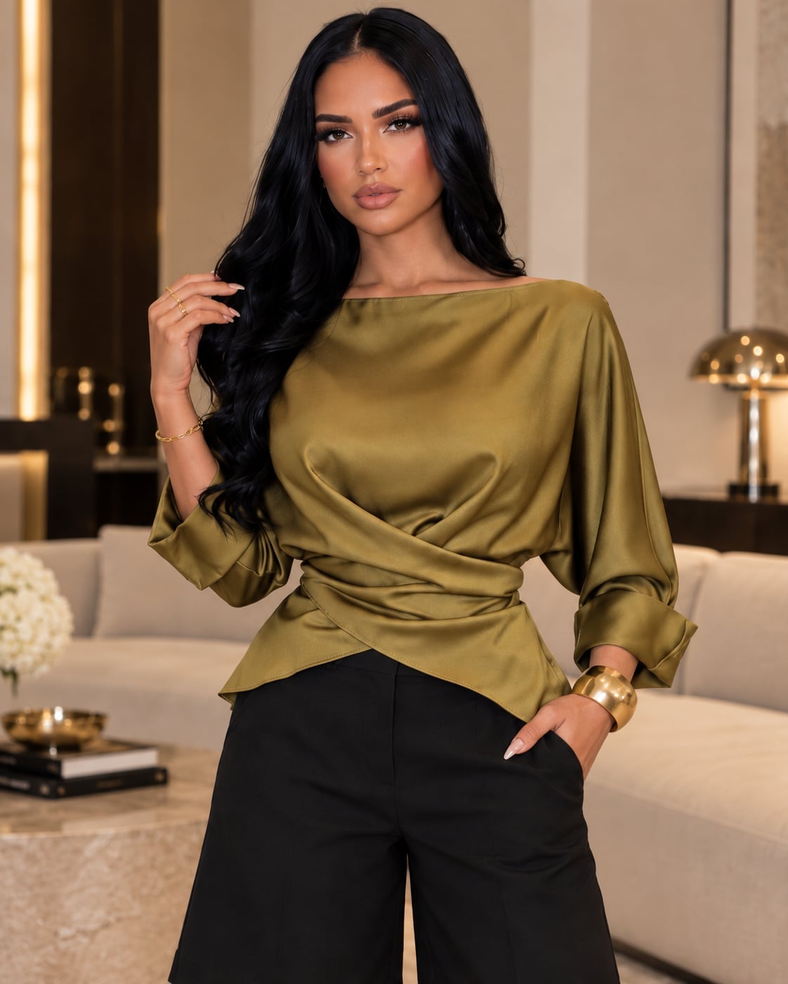 Olive Green Satin Wrap Blouse with Gold Bracelet Olive Green Satin Wrap Blouse with Gold Bracelet — Classy Satin Top Outfits