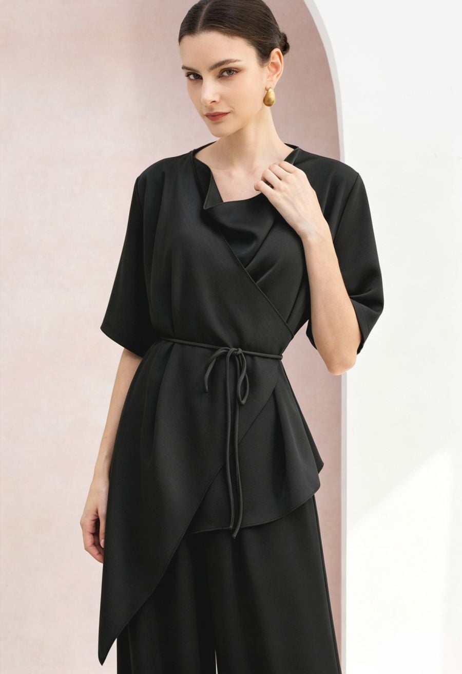 Black Satin Wrap Top with Peplum Silhouette Black Satin Wrap Top with Peplum Silhouette — Classy Satin Top Outfits
