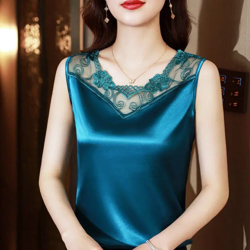 Teal Satin Camisole Top with Embroidered Lace Teal Satin Camisole Top with Embroidered Lace — Classy Satin Top Outfits