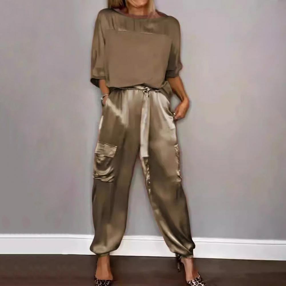 Khaki Satin Top with Cargo Pants Khaki Satin Top with Cargo Pants — Classy Satin Top Outfits