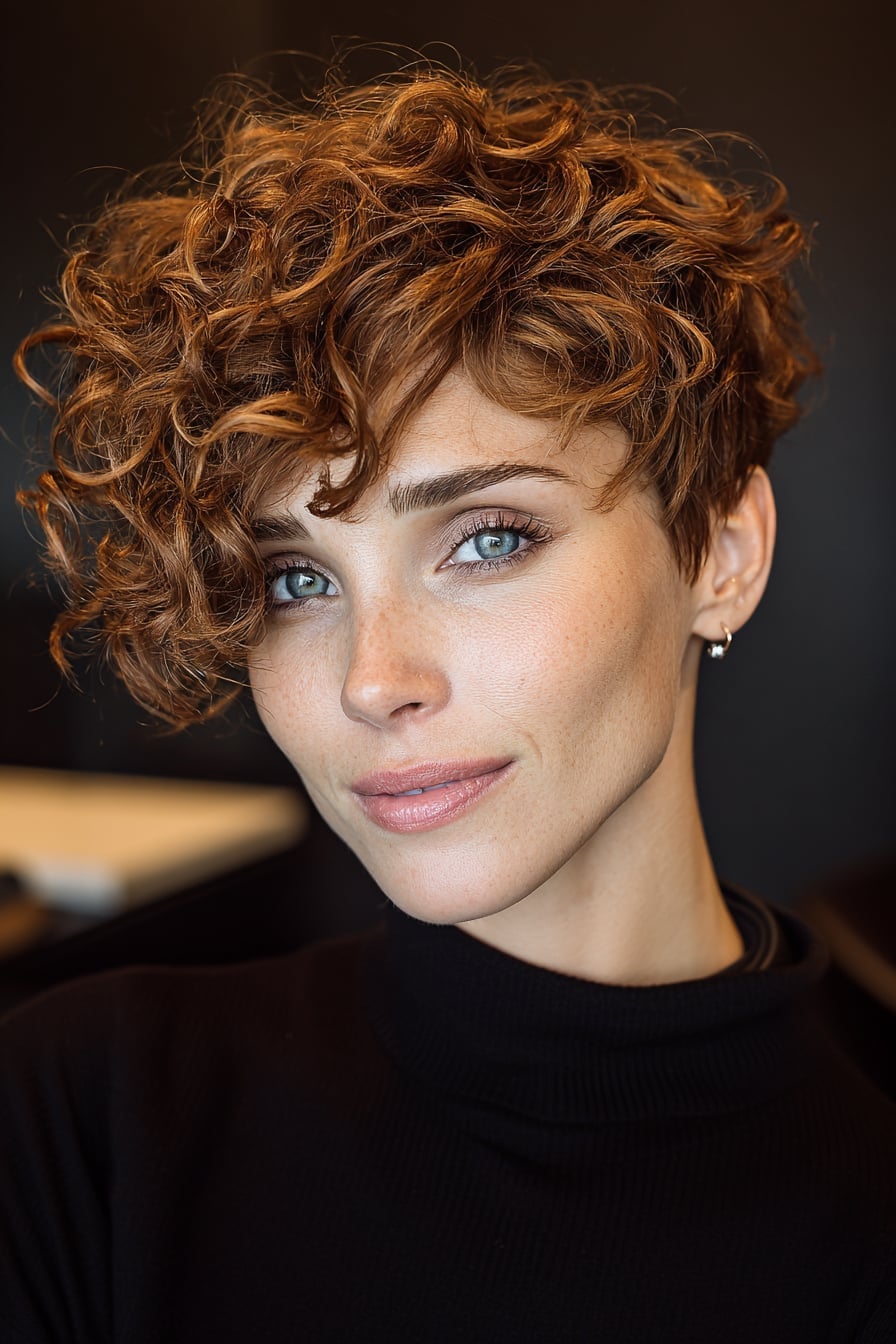 Copper Curly Pixie with Side Bangs Copper Curly Pixie with Side Bangs — Classy Short Curly Hair