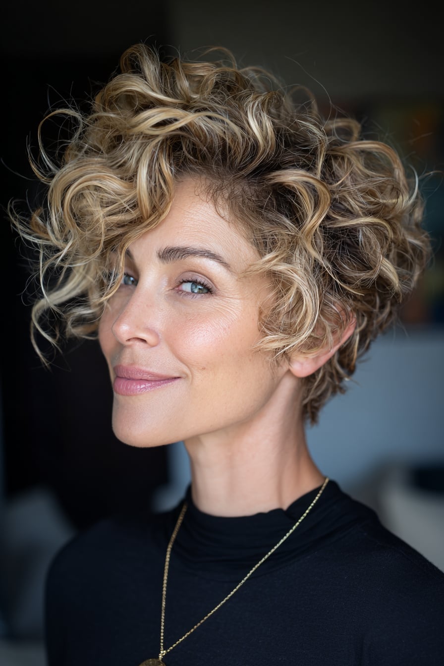 Copper Pixie with Side-Swept Bangs, Ear Copper Pixie with Side-Swept Bangs, Ear — Classy Short Curly Hair