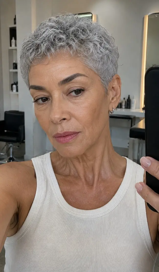 Natural Silver Curly Pixie Natural Silver Curly Pixie — Classy Short Hair Pixie