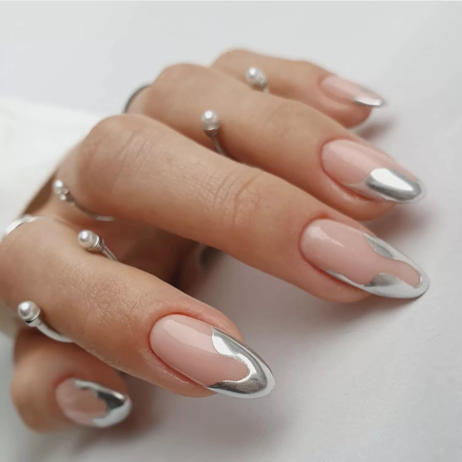 Medium Almond Nude Pink With Wavy Silver Chrome Tips Medium Almond Nude Pink With Wavy Silver Chrome Tips — Classy Silver Chrome Nails