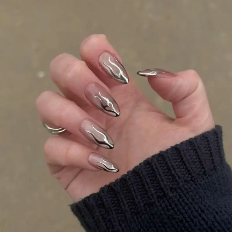 Medium Almond Clear Base With Silver Flame Patterns Medium Almond Clear Base With Silver Flame Patterns — Classy Silver Chrome Nails