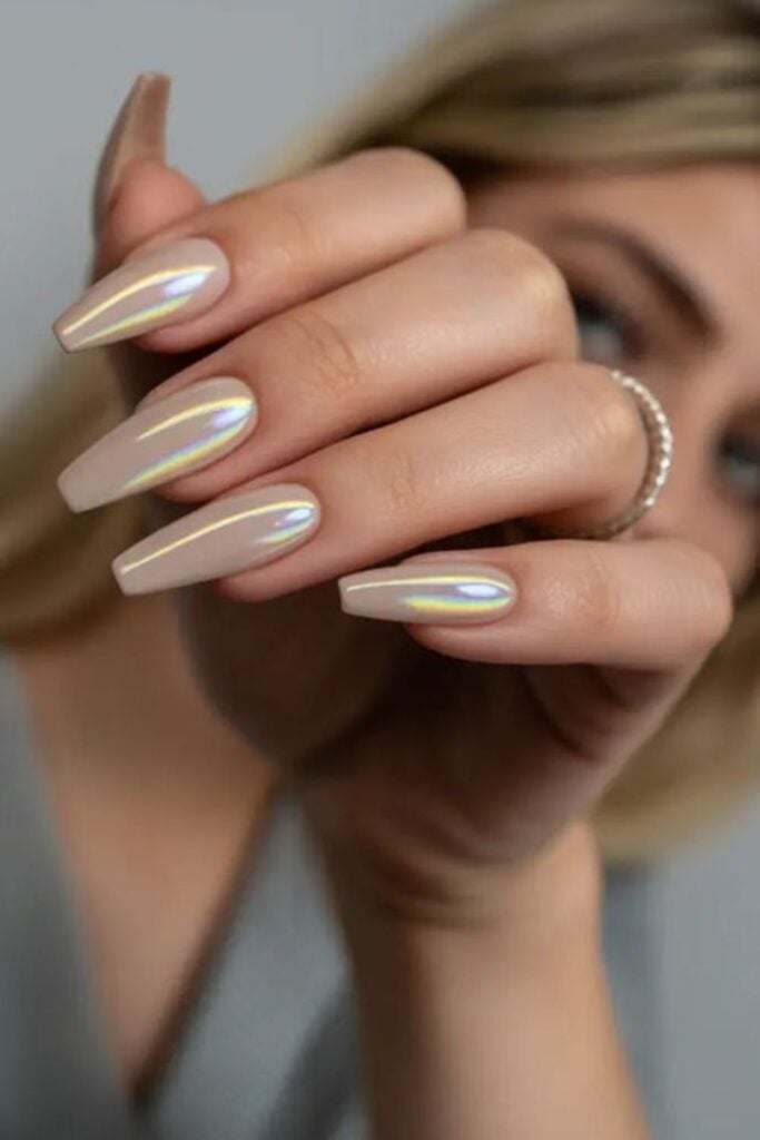 Long Coffin Pale Nude Iridescent Chrome Long Coffin Pale Nude Iridescent Chrome — Classy Silver Chrome Nails