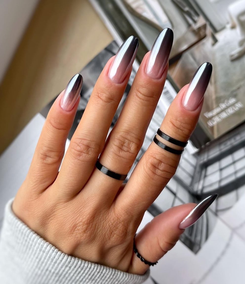Long Almond Black To Silver Chrome Ombre Long Almond Black To Silver Chrome Ombre — Classy Silver Chrome Nails