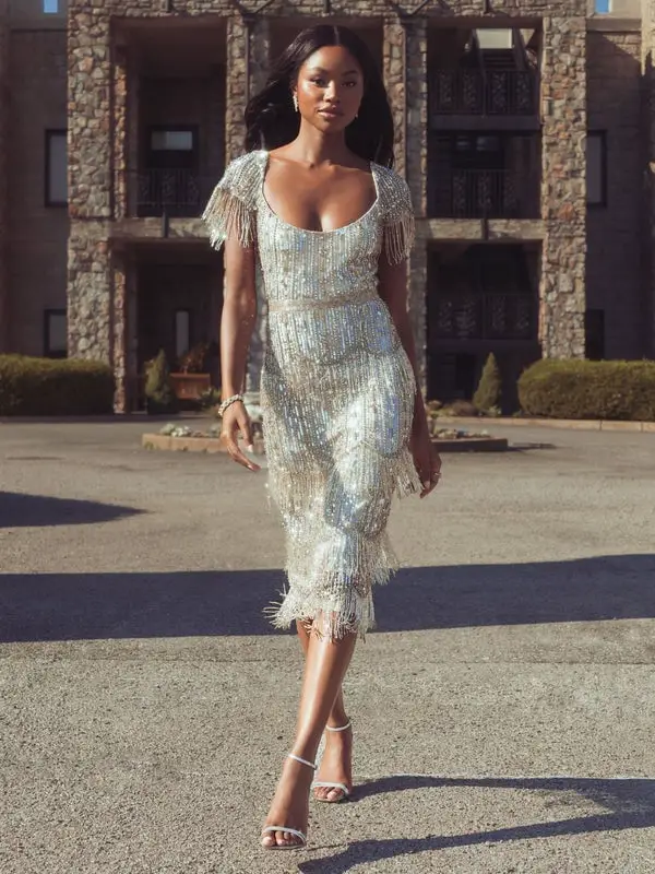 Silver Sequined Midi Dress with Fringe Detailing and Bracelet Silver Sequined Midi Dress with Fringe Detailing and Bracelet — Classy Silver Outfits