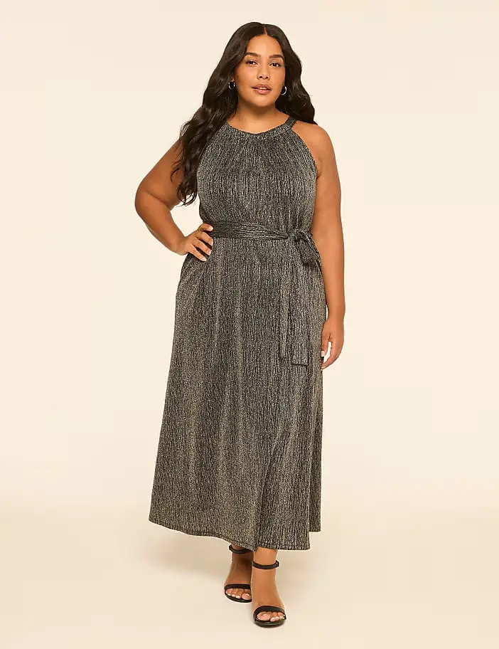 Silver and Black Metallic Knit Maxi Dress with Halter Neckline Silver and Black Metallic Knit Maxi Dress with Halter Neckline — Classy Silver Outfits