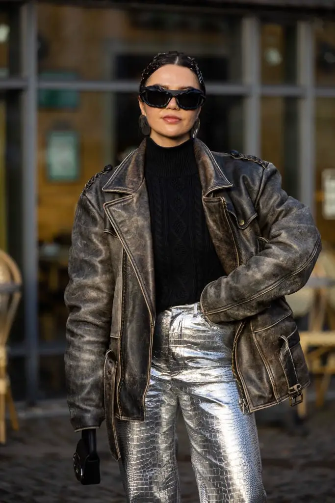 Silver Croc Print Trousers with Black Knit and Leather Jacket Silver Croc Print Trousers with Black Knit and Leather Jacket — Classy Silver Outfits