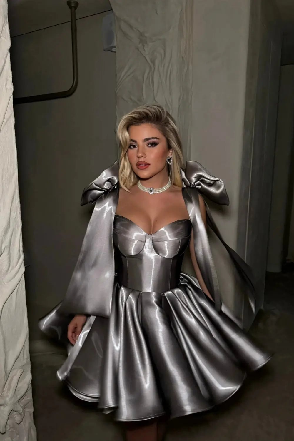Full Length Silver Sequin Dress with Column Skirt and Clutch Full Length Silver Sequin Dress with Column Skirt and Clutch — Classy Silver Outfits